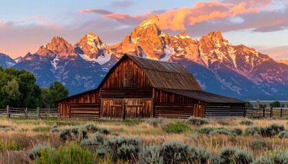 Rustic wooden barn nestled in a golden field, with jagged mountain peaks illuminated by the setting sun as a dramatic backdrop