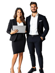 Portrait of a smiling business woman holding a laptop standing next to a man in a suit on black