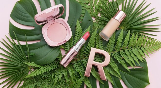 Cosmetic product with powder, foundation, lipstick and letter r on green leaves of monstera and fern plants