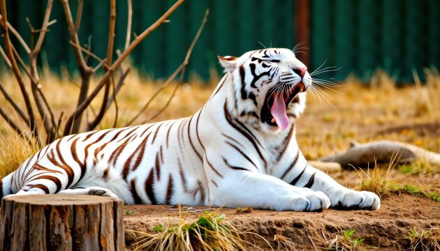 White tiger yawning in natural habitat wildlife sanctuary animal photography outdoor scene close-up view majestic beauty