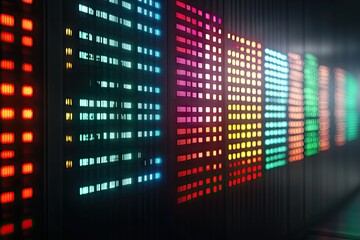 A wall of vibrant, multicolored LED panels displays diverse patterns of light, creating a dynamic, futuristic visual effect with varying intensities and color gradients in a dark environment