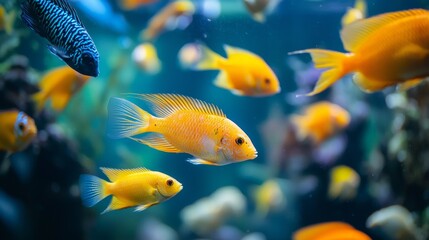 Fototapeta premium The close up of aquarium tank full of fish