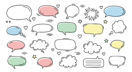 Fototapeta premium Cute pastel speech bubbles and thought clouds for modern websites and social media designs, communication