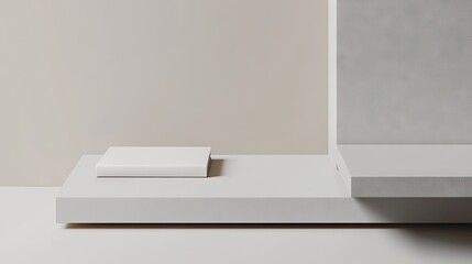 Minimalist composition featuring a small, off-white square box resting atop a larger, rectangular white platform against a muted beige and gray backdrop.  