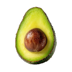Close-up of a halved avocado, vibrant green flesh surrounding a brown pit
