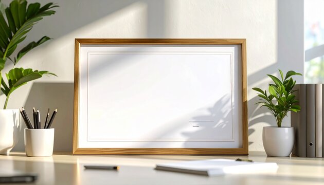 Horizontal wooden frame mockup on a desk with plants in a sunlit home office interior, perfect for displaying artwork or photos