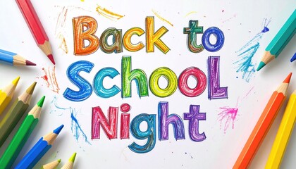 Whimsical "Back to School Night" text art with color pencil border on white backdrop, featuring sketched colorful details