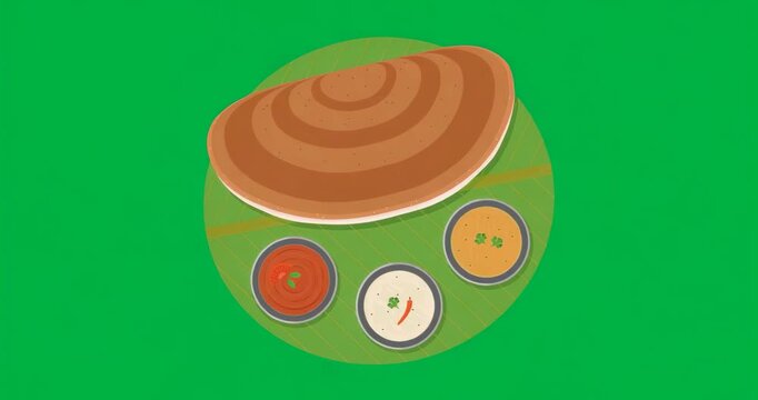 Sequence opening presenting platter turning with dosa and chutney bowls on transparent background