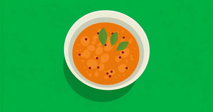 Starting orange soup bowl with floating ingredients settling balanced layout on clear background