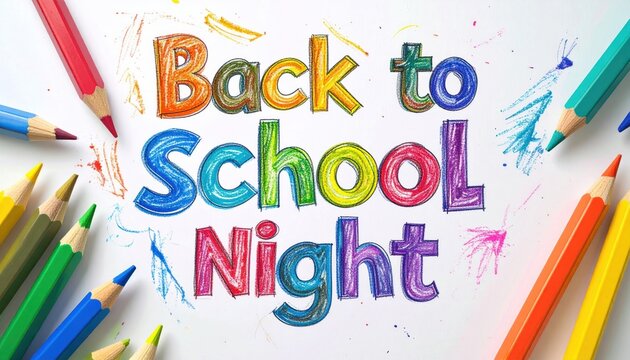 Whimsical "Back to School Night" text art with color pencil border on white backdrop, featuring sketched colorful details