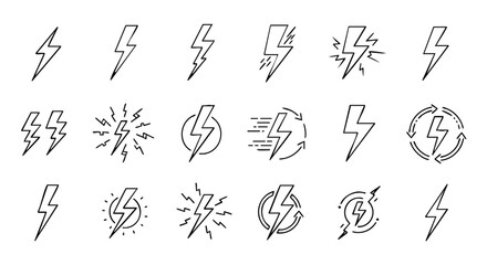Dynamic lightning bolt icons representing energy, power, and electricity for modern design projects