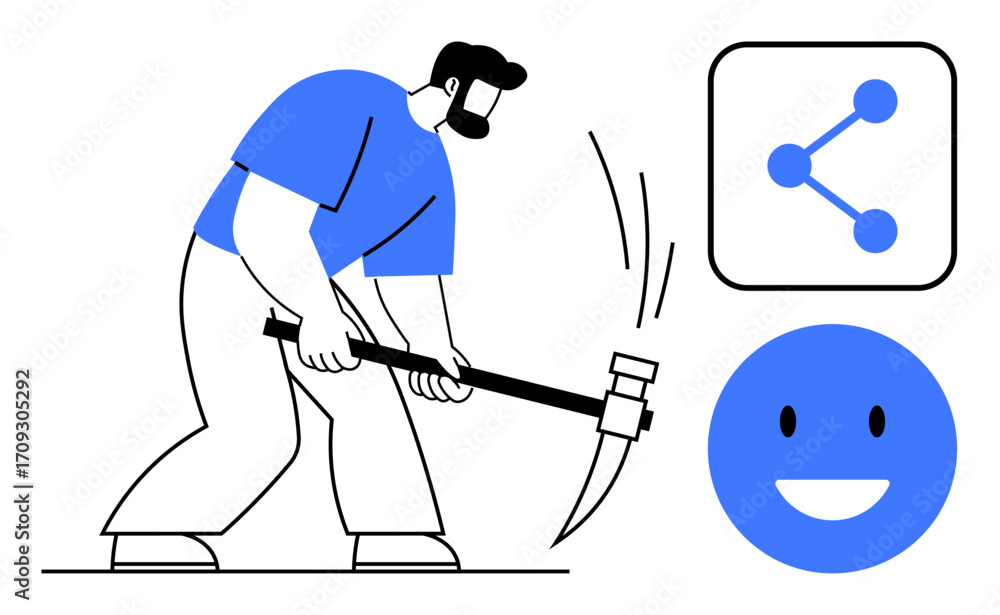Poster man swings pickaxe symbolizing effort and mining. adjacent icons represent connection, sharing, posi