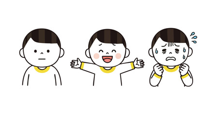 Boy showing different emotions from a blank expression to happiness and then to sadness and anxiety