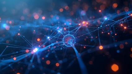 Abstract neural network with glowing blue and orange nodes, digital web of data connections. Perfect for AI, deep learning, big data, innovation, and futuristic technology concepts