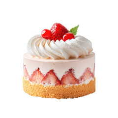 Round cake topped with whipped cream and fresh strawberries
