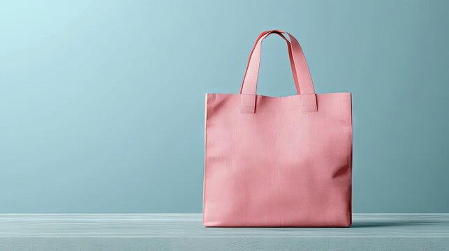 A pale pink tote bag sits on a light blue-grey surface against a matching wall, showcasing its simple, unadorned design and roomy shape
