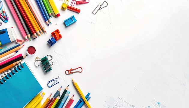 Art supplies on a textured white surface create a vibrant corner frame with plenty of copy space for text