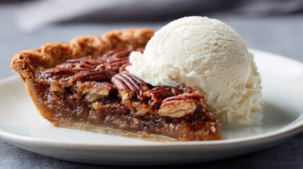 Classic Pecan Pie ? la Mode: A Decadent Slice with Gooey Filling and Creamy Ice Cream