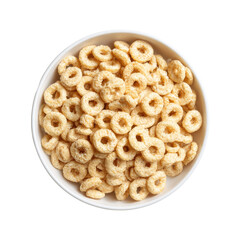 Round cereal in a white bowl