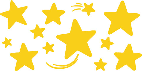 Collection of vibrant yellow stars and a crescent moon on transparent background