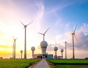 Wind turbines and unusual spherical structures in a lush green field at sunset, under a vibrant blue and orange sky