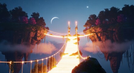 Magical pathway illuminated by warm glowing lanterns leading into a serene night landscape