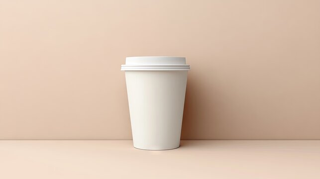 A plain white disposable coffee cup with a white lid sits centered against a muted peach background. Simple, clean, and minimalist aesthetic