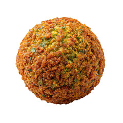Round falafel, golden brown, crispy exterior, speckled with herbs