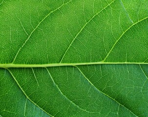 Fototapeta premium A zoomed-in, bright green leaf showcasing intricate vein patterns and textures. Close-up perspective enhances the leaf's structural beauty