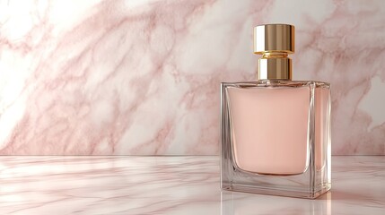 A square glass perfume bottle with a gold cap sits on a pink marble surface against a matching marble backdrop. The perfume is a pale pink hue. Light reflects subtly