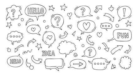 Engaging hand drawn speech bubbles with creative doodles and words, perfect for social media and branding projects
