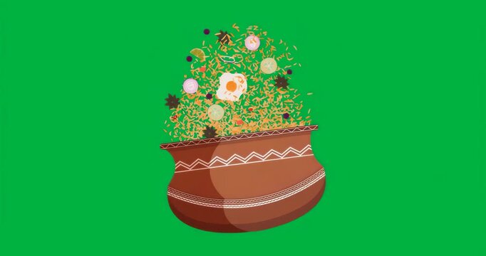 Materializing glowing pot filling with rice eggs onion anise as blue aura pulsing energizing scene