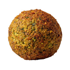 Single, round falafel, golden-brown, textured exterior