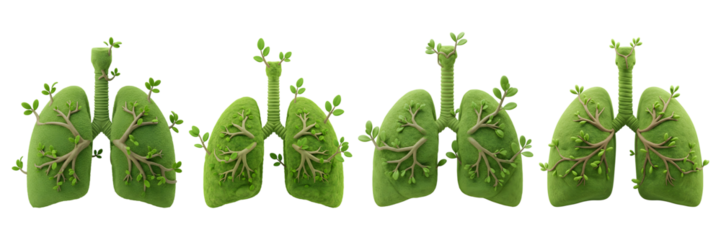 Set of four luminous green lungs displayed sequentially against a deep dark backdrop isolated on transparent background 3D icon