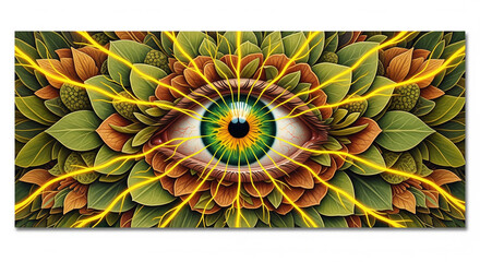 Expressive artwork featuring a captivating green eye with radiant yellow bursts of color, surreal glowing iris, cosmic background.