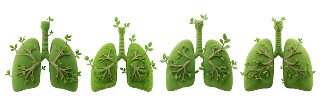 Set of four luminous green lungs displayed sequentially against a deep dark backdrop isolated on transparent background 3D icon