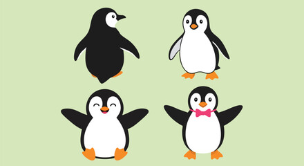 Adorable cartoon penguins with happy expressions and a bowtie, perfect for playful designs