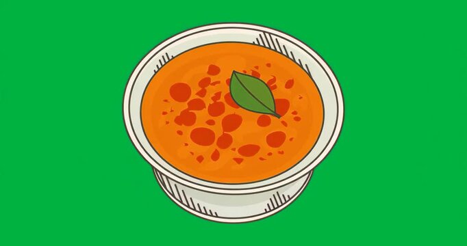 Camera tilting and zooming into orange soup bowl with green garnish amid flickering backdrop