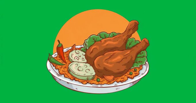 Glitch causing noise flickering behind plate with rice drumsticks and vegetables highlighting meal