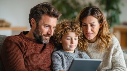 Family enjoys a cozy moment together while looking at a tablet on a couch in a warm living room during a relaxed afternoon