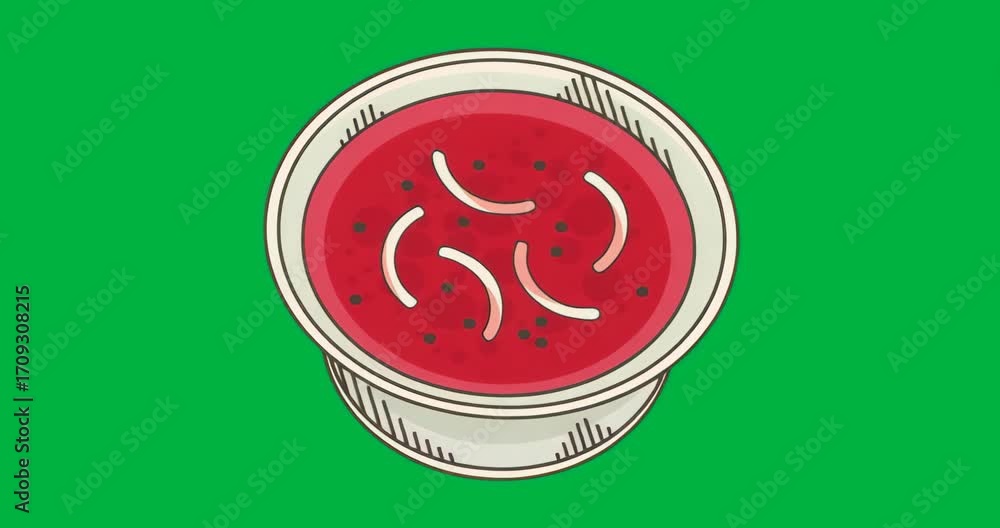 Poster on loading, bowl with red soup and noodles appearing on transparent background as menu icon