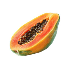 Close-up of a papaya half, showcasing vibrant orange-red flesh and green rind, with numerous black seeds visible