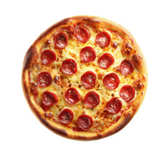 Round pizza topped with numerous pepperoni slices and melted cheese