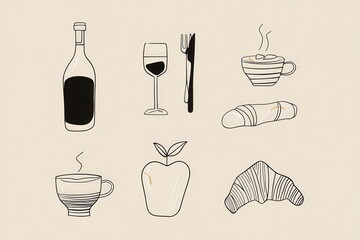 Minimalist Continuous Line Art Drawing of Food and Drinks