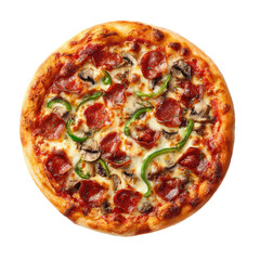 Round pizza topped with pepperoni, mushrooms, and green peppers