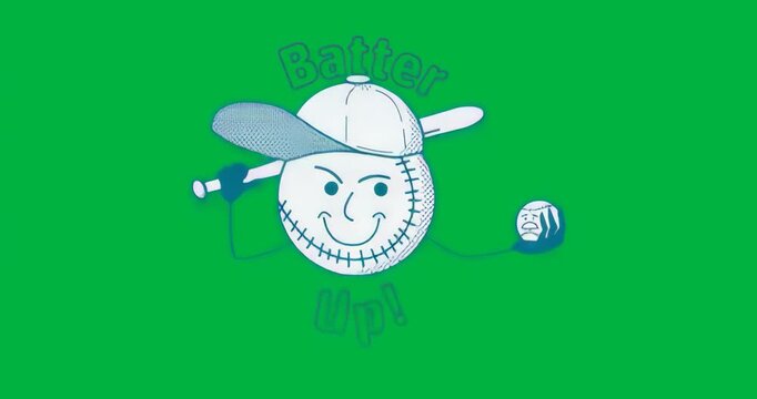 Loop neon-outlined baseball pulsing glow, lifting bat and ball for Batter Up on transparent glitch