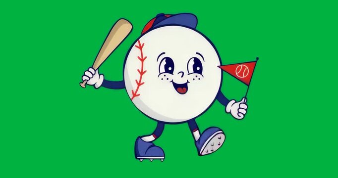 Starting looping walk baseball character swinging bat waving pennant stepping on clear backdrop