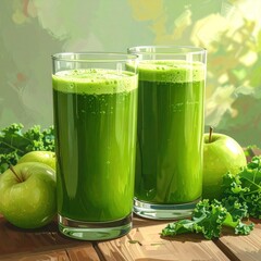 Two glasses of green smoothie, with green apples and kale on a wooden table, set against a blurry, bright green background