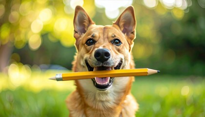 Cute dog holds a large yellow pencil in its mouth against a blurred grassy and foliage bokeh background, showcasing its joyful expression