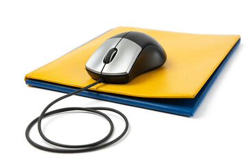 Computer mouse resting on a yellow and blue mousepad